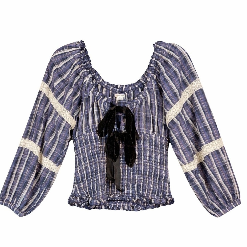 Kimchi Blue Blue Plaid Off-Shoulder Smocked Blouse with Velvet Bow - Picture 2 of 13
